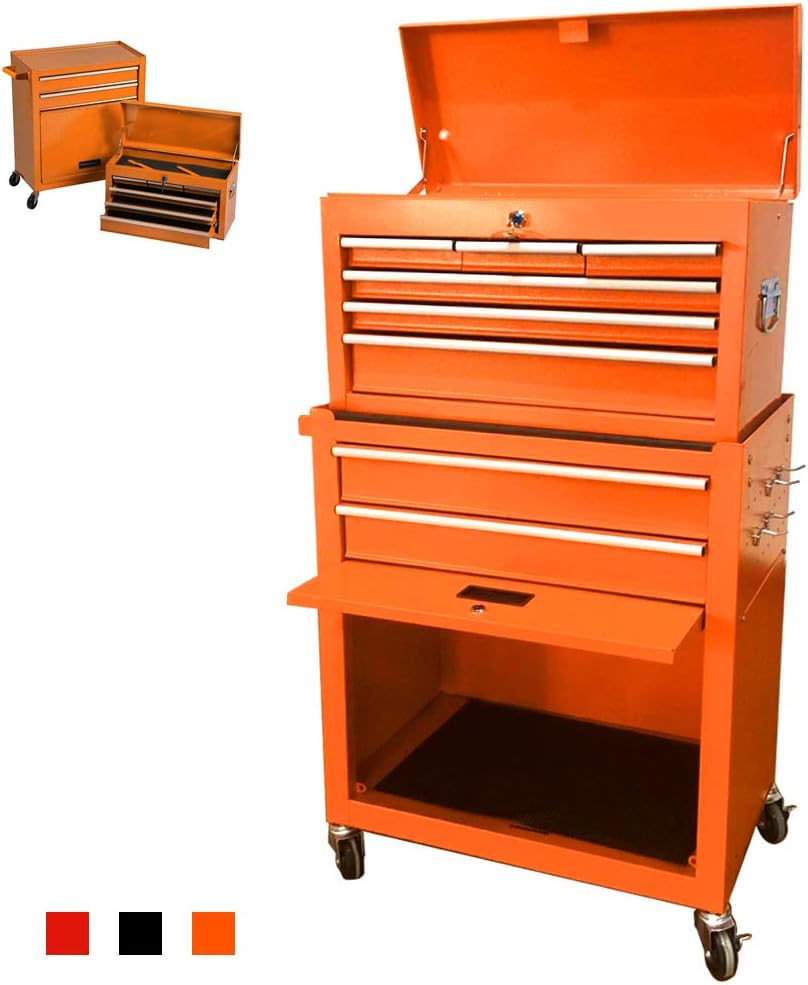 High Capacity 8-Drawer Tool Chest with Sliding Drawers,Removable 4-wheel Rolling Tool Box, Tool Storage Cabinet, Sliding Metal Organizer, Mobile Lockable Toolbox (Orange)