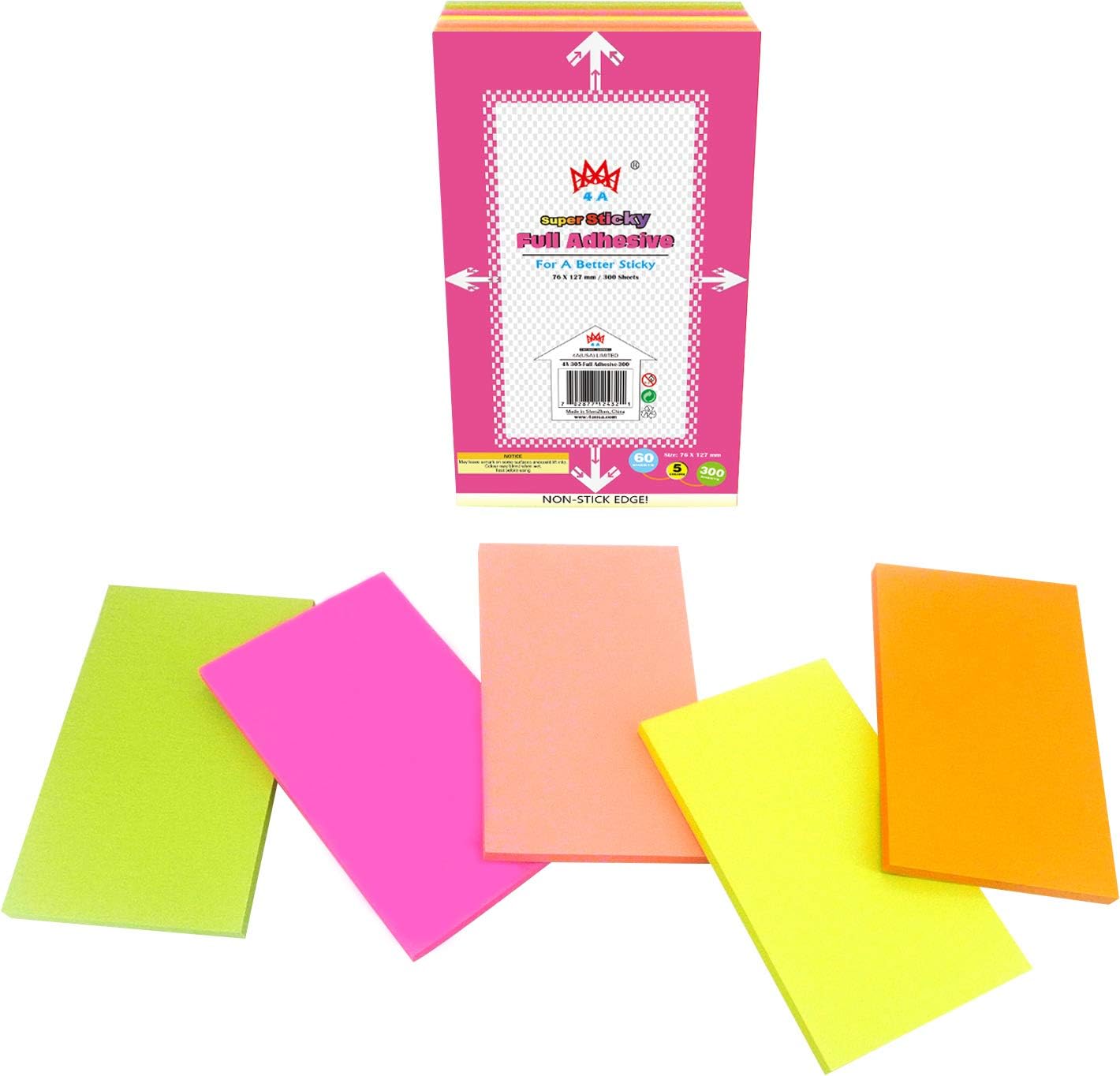 4A Sticky Full Adhesive Notes,5 1/3 x 3 Inches,60 Sheets/Color,5 Colors/Pack,SelfStick Notes