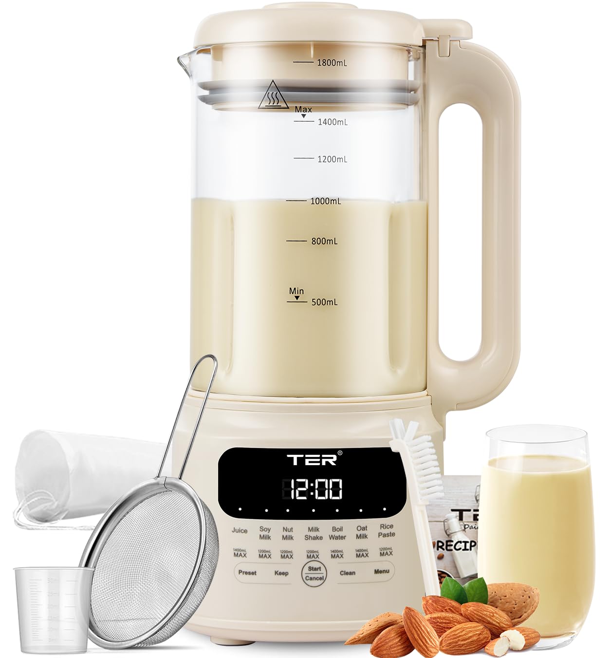 TER Máquina para hacer leche de nueces, 10 en 1 para hacer leche de soja, almendras/avena/leche de soja, jugo, batido, pasta de arroz, limpieza automática/tiempo preestablecido de 24 horas/12 horas para mantener caliente, con 7 accesorios, color beige