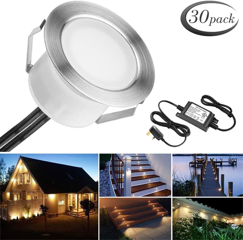 INDARUNWarm White Led Decking Lights Waterproof IP67 1W Ø45MM - Lighting for Terrace/Patio/Path/Wall/Garden/Decoration, 30 Packs