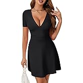 Rooscier Women's Deep V Neck Ruffle A Line Swing Short Sleeve Stretchy Sexy Party Mini Dress