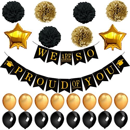 2019 Graduation Decor - We are So Proud of You Banner Kit Graduation Party Supplies Gold and Black