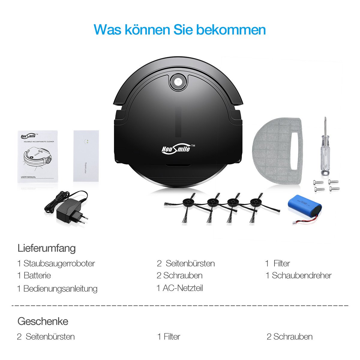 Housmile Saugroboter (90 Min Laufzeit, 10W), Energiesparender Staubsauger mit hoher Reinigungsleistung und intelligenter Navigation, für alle Böden, Ideal für Tierliebhaber und Allergiker, Schwarz