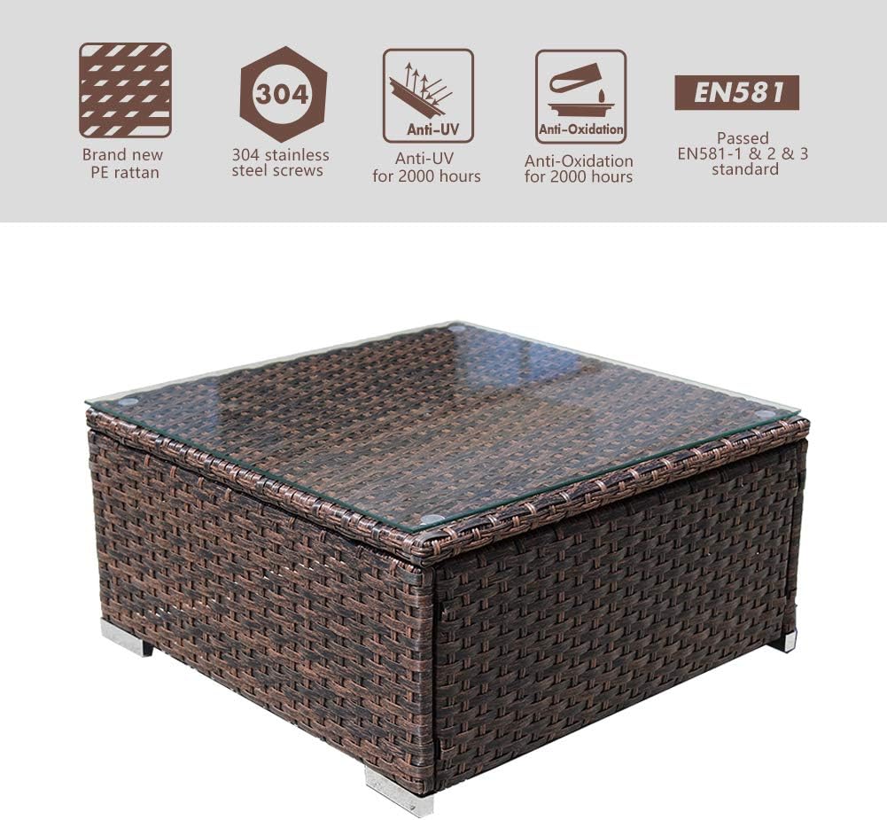 DIMAR garden Outdoor Coffee Table Wicker Patio Furniture Conversation Set Lawn Garden Tea Table Rattan Patio Coffee Tables with Glass Top (Mix Brown 25.2in): Garden & Outdoor