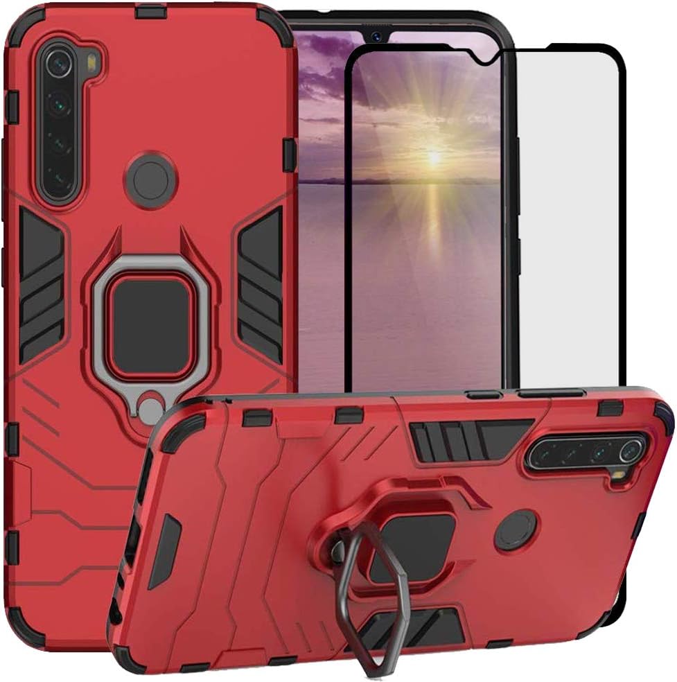 DuoLide for Xiaomi Redmi Note 8 Case, 2 in 1 Hybrid Heavy Duty Armor Shockproof Defender Kickstand Dual Layer Bumper Hard Back Case Cover Tempered Glass Screen Protector，Red