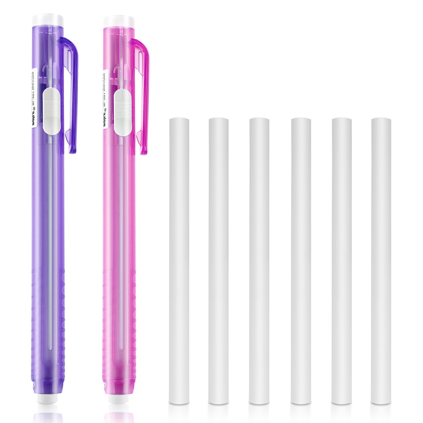 Molain Retractable Mechanical Pen Style Eraser Set, 2PCS with 6 Replacement Refills, Click Erasers for School, Office, Painting, Writing (Pink, Purple)