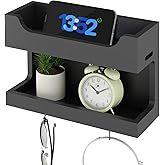NiHome Wall Mounted Wooden Bedside Accessories Organizer, Double Tray Bedside Storage Shelf Rack with Magnetic Hooks, Bedroom Dorm RV Wall Caddy Holder for Phone Glasses Alarm Clock Remote (Black)