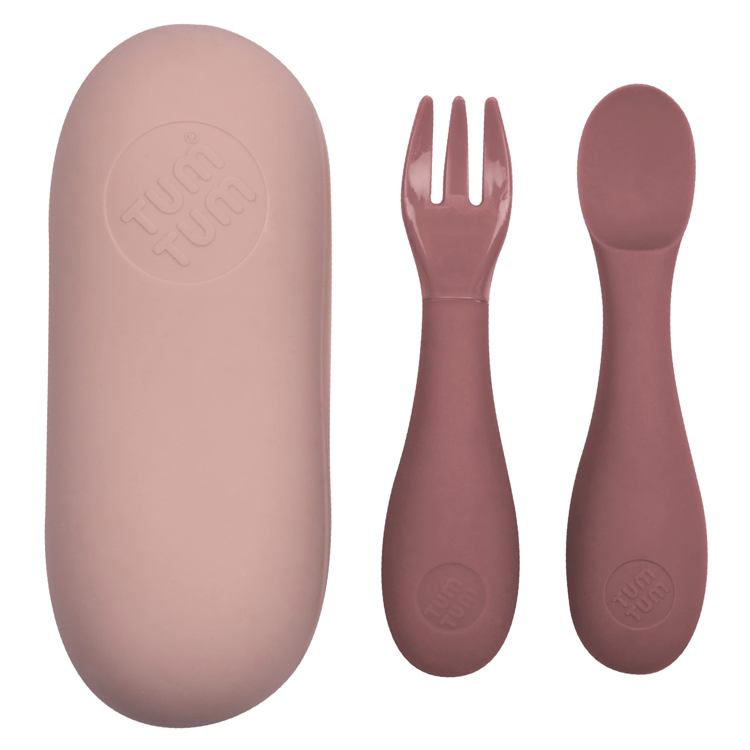 TUM TUM Silicone Baby Cutlery with Travel Case - Baby Spoon & Fork Set - Designed with Feeding Specialist - Baby Led Weaning Utensils - Dishwasher, Steriliser Friendly - BPA Free - 6m+, Pink