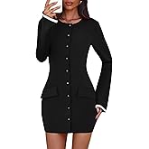 Lazysmile Women's Casual Dresses Long Sleeve Boat Neck Button Down Bodycon Mini Fall Party Club Cocktail Dresses for Women