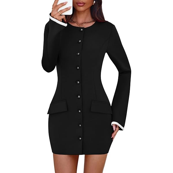 Dresses that Hide Belly Fat Women's Blazer Dresses Long Sleeve Button Front  Elegant Solid Blazer Mini Dress Double Breasted Long Jacket Coat Dress Black  Formal Dresses for Women Evening Party 2025 at