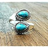 QUSIIOSLK 925 Sterling Silver Water Drop Turquoise Open Rings Vintage Natual Stone Teardrop Shape Green Gemstone Ring Adjustable Stacking Statement Rings Jewelry Gift for Women