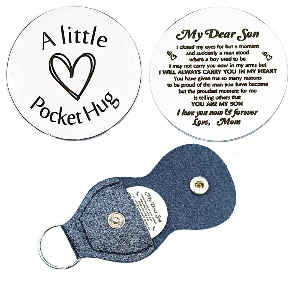 Photo 1 of Son Gift from Mom to My Dear Son Gifts Pocket Hug Token for Sons Christmas Birthday Gift for Stepson Hug Tokens Keepsake PU Keychain Encouragement Inspirational Gifts for Son