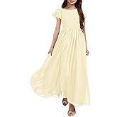 HOSIKA Girls Vintage Chiffon Ruffle Sleeve A-Line Wedding Party Maxi Junior Bridesmaid Dress for Kids 6-12 Years