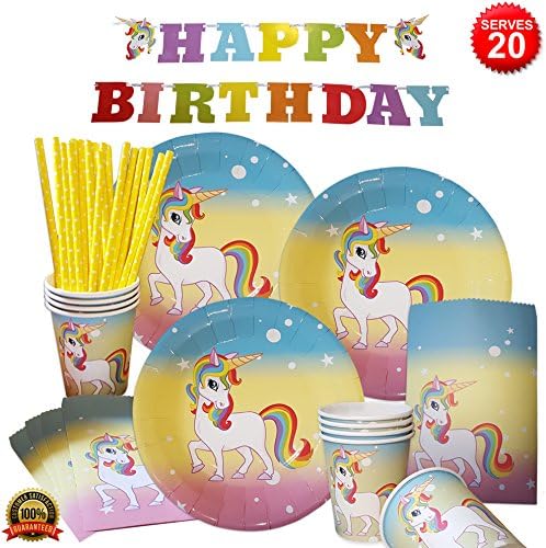 Rainbow Unicorn Party Supplies | Pack Serves 20 - Plates, Cups, Straws, Favor Bags, Happy Birthday Banner | Alpine Celebrations