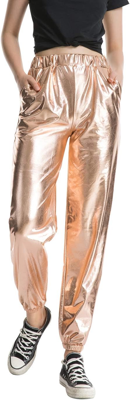SIAEAMRG Womens Shiny Metallic High Waist Stretchy Jogger Pants, Wet Look Hip Hop Club Wear Holographic Trousers Sweatpant