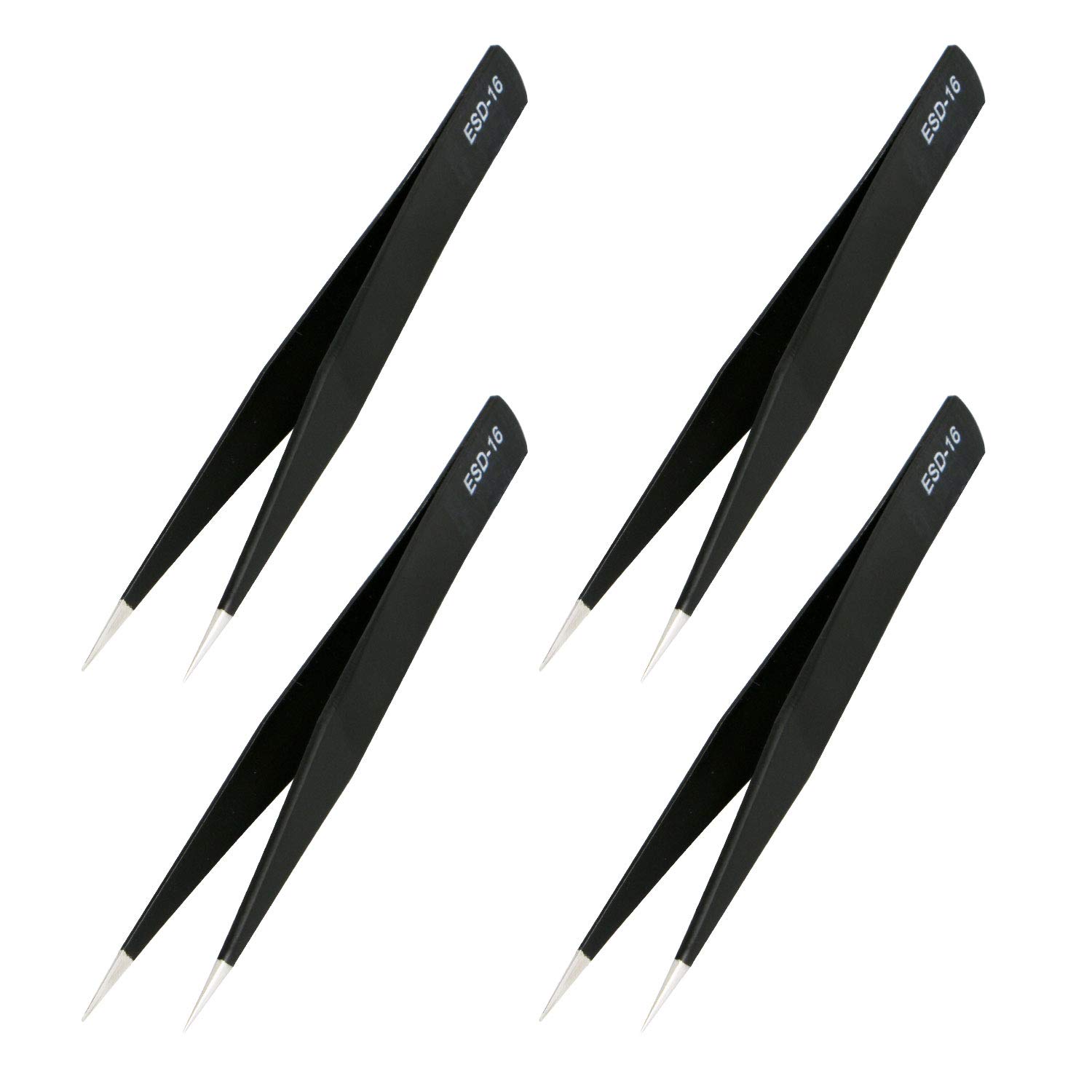 Aoje-Link ESD-16 Professional Anti-Static Precision Technology Tweezers, Non-Magnetic Straight Pointed Tip, Stainless Steel Plastic Coated, Full Length 125mm, Black, 4pcs