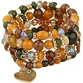 Pingyongchang Stackable Beaded Bracelets for Women Multi-Layer Mixed Color Beaded Stretch Bracelet Crystal Stone Heart Letter Gold Charm Gemstone Bangles for Women Men Boho Summer Beach Jewelry