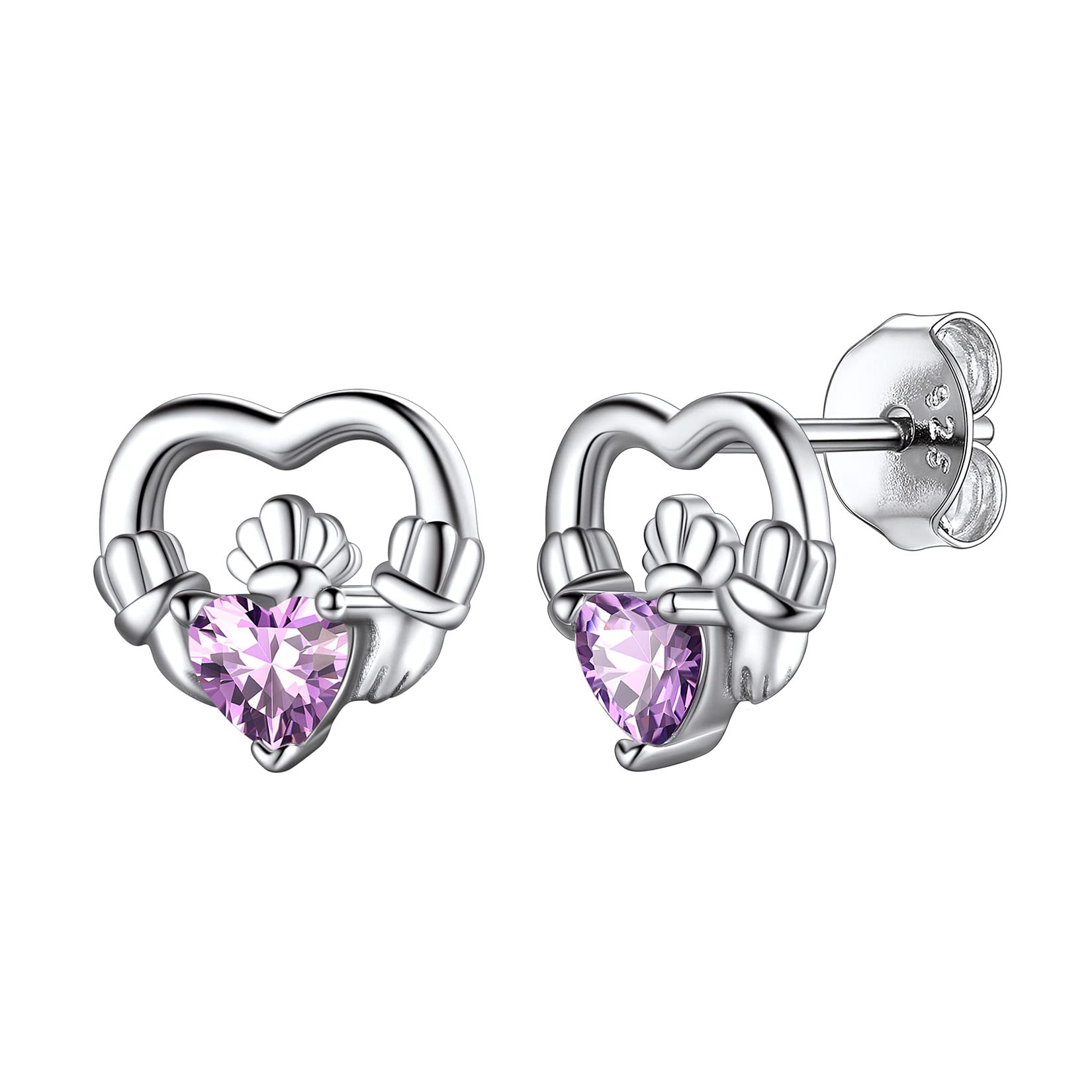 Hypoallergenic 925 Sterling Silver Claddagh Celtic Knot June Birthstone Purple Earrings, Birth Stone Jewelry Dainty Cute Stud Heart Shaped Hoop Earrings for Women Teen Girls