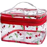 TotePrint Cherry Clear Cosmetic Bag Transprent Clear Makeup Bag Travel Pouch with Handle-Durable PVC Material,Versatile,Zipper Design for Smooth Sliding-Ideal for Makeup,Travel Essentials (Cherry)