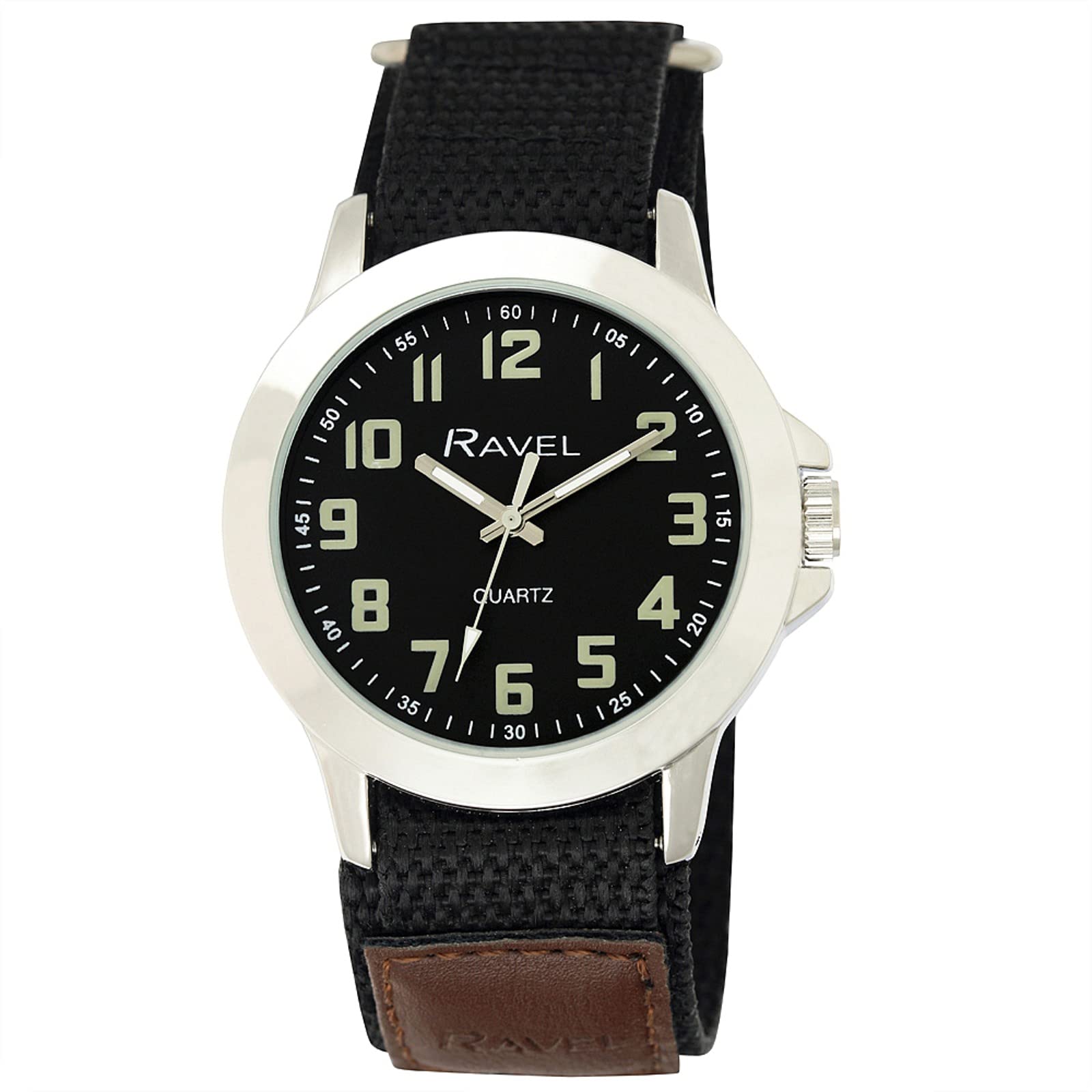 Ravel - Men's Modern Workwear Watch with Easy-Fasten Strap - Silver Tone/Charcoal Dial/Black Strap with Tan Tongue