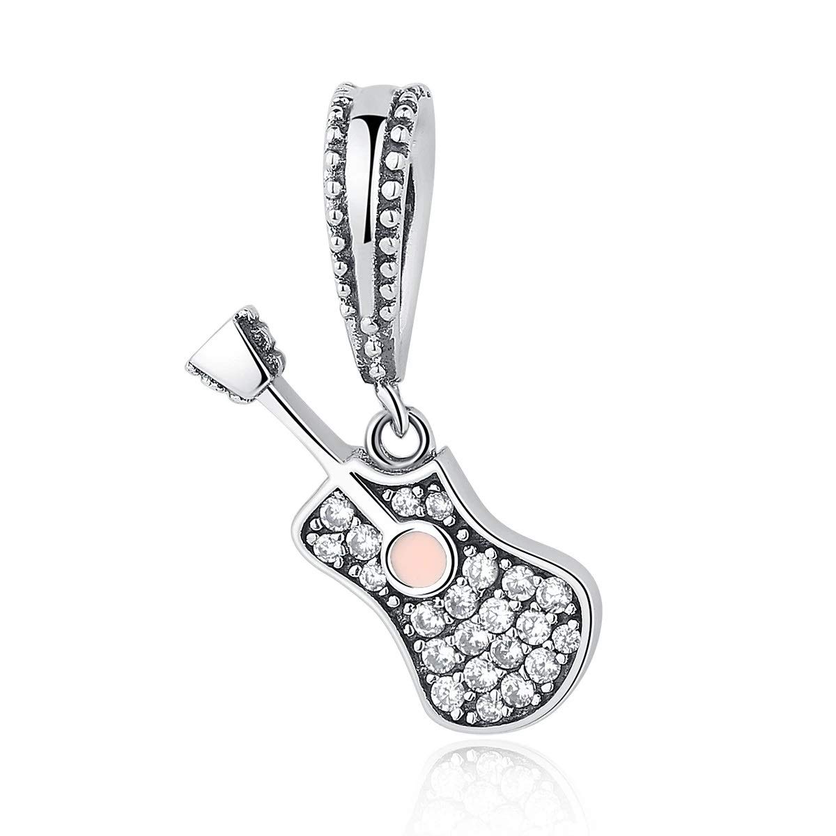 FeatherWish Guitar Shaped Sparkly Music Instrument Pendant Dangle Bead Charm With Clear Cubic Zirconia Compatible With Pandora Bracelet European 3mm Charm Bracelets And Necklace