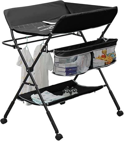 MeJa Baby Changing Table Portable Folding Diaper Station with Wheels Black