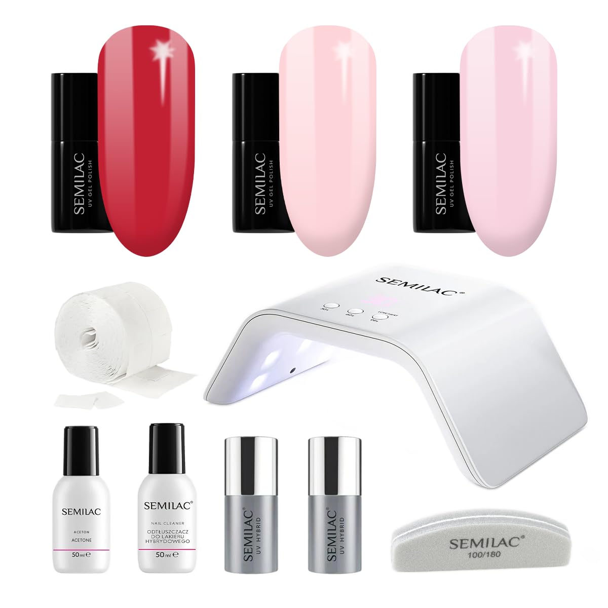 Semilac Try Me Gel Nail Starter Kit, Nail Set For Beginners - 3 x UV Gel Colours 7ml, UV/LED Lamp, Top & Base Coat 7ml, Tools & More For Perfect Manicure Tools & More - 002 Delicate French