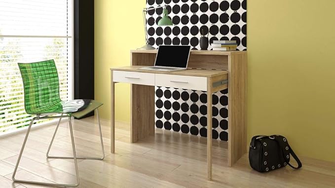Home Innovation - Ausziehbarer Schreibtisch, Studio-Konsolentisch, Computertisch, PC, 2 Schubladen, Oberfläche Eiche/weiß, Ma