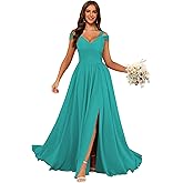 Lousare Women's Off Shoulder Bridesmaid Dress Long Chiffon A-line Pleated Maxi Formal Party Dress LE004