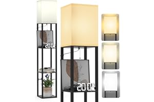 PAZZO Floor Lamp with Shelves by Solid Wood, Modern Shelf Floor Lamp with 3 Color Temperature, Linen Lampshade and Storage Shelves for Living Room, Bedroom, Bulb Included(Black)
