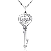 MABELLA Dancing CZ Key to Heart Sterling Silver 18K White Gold Plated Key Pendant Necklace, Women Gifts for Her