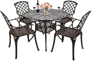 TITIMO 5-Piece Outdoor Furniture Dining Set, All-Weather Cast Aluminum Conversation Set Includes 4 Chairs and 1 Round Table with Umbrella Hole for Patio Garden Deck, Lattice Weave Design