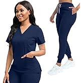 YEZEX Scrubs for Women Set, Women's V-Neck Top & Jogger Scrub Pants
