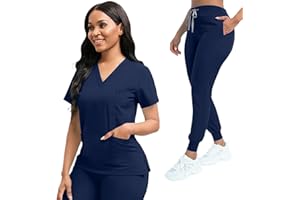 YEZEX Scrubs for Women Set, Women's V-Neck Top & Jogger Scrub Pants, Nursing Uniform Scrubs Set with 8 Pockets