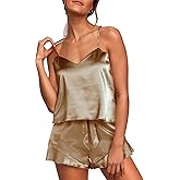 Aamikast Womens Silk Satin Pajama Sets Sexy Cami Ruffled Shorts Sets 2 Piece Pjs Sleepwear