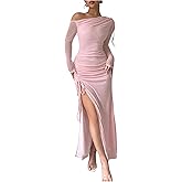 GORGLITTER Women's Asymmetrical Neck Mesh Maxi Dresses Elegant Classy Fall Long Sleeve Formal Wedding Guest Prom Dress