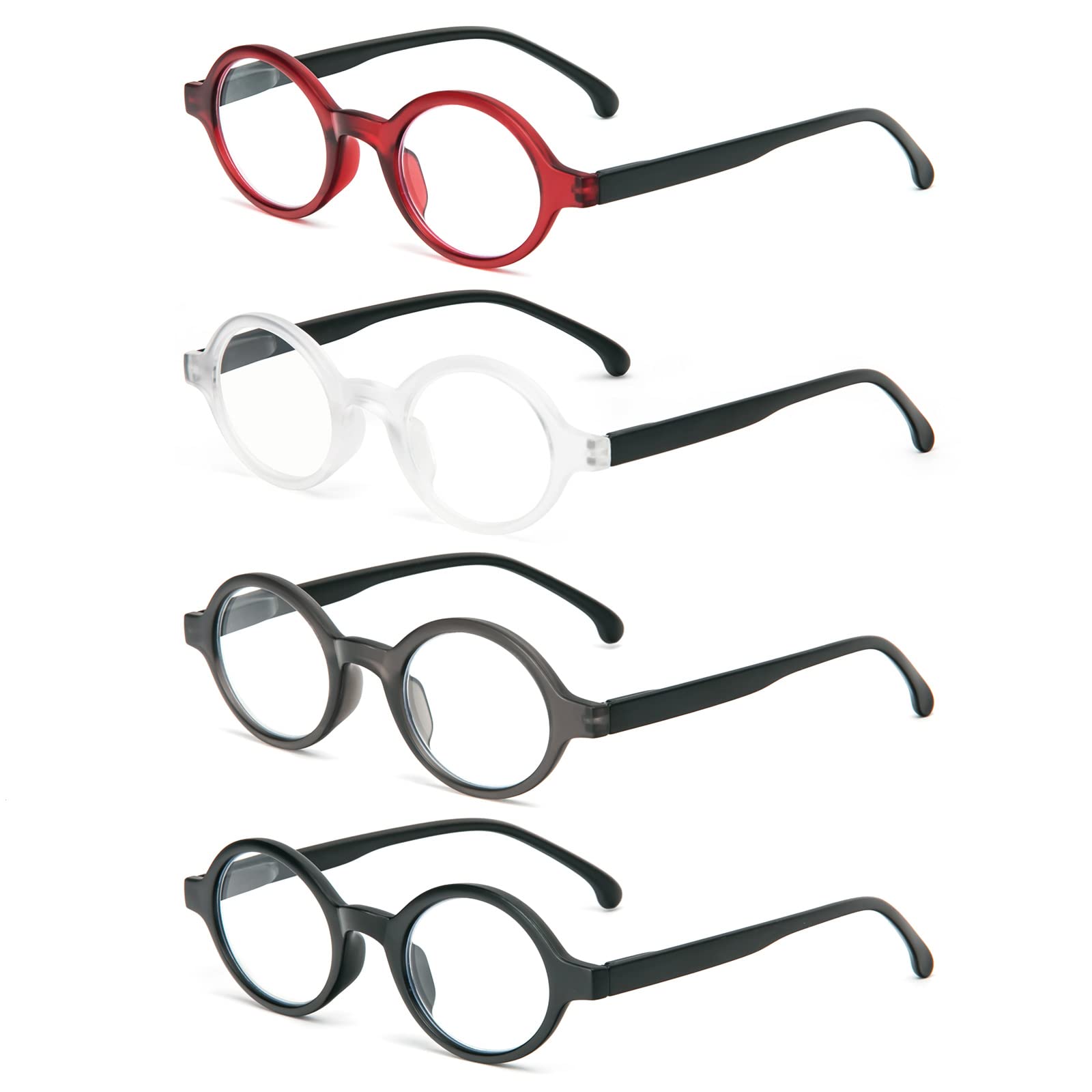 KoKoBin Pack of 4 Men's and Women's Small Round Anti-Blue Light Reading Glasses Practical Reader with Spring Hinges, Pack of 4, 1/1.5/2/2.5/3/3.5