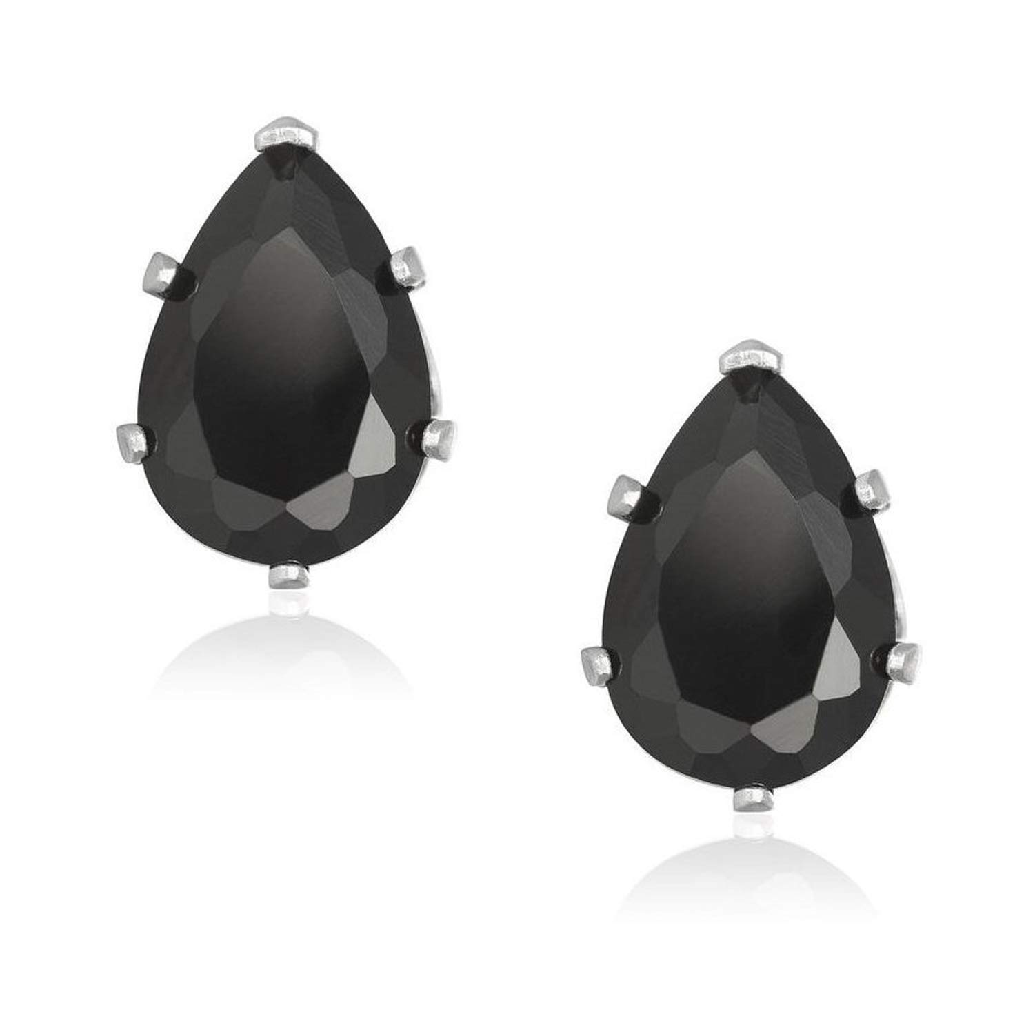 7MM Pear/Teardrop Cut CZ Birthstone Stud Earrings/Ear Studs for Women - 925 Sterling Silver - Black