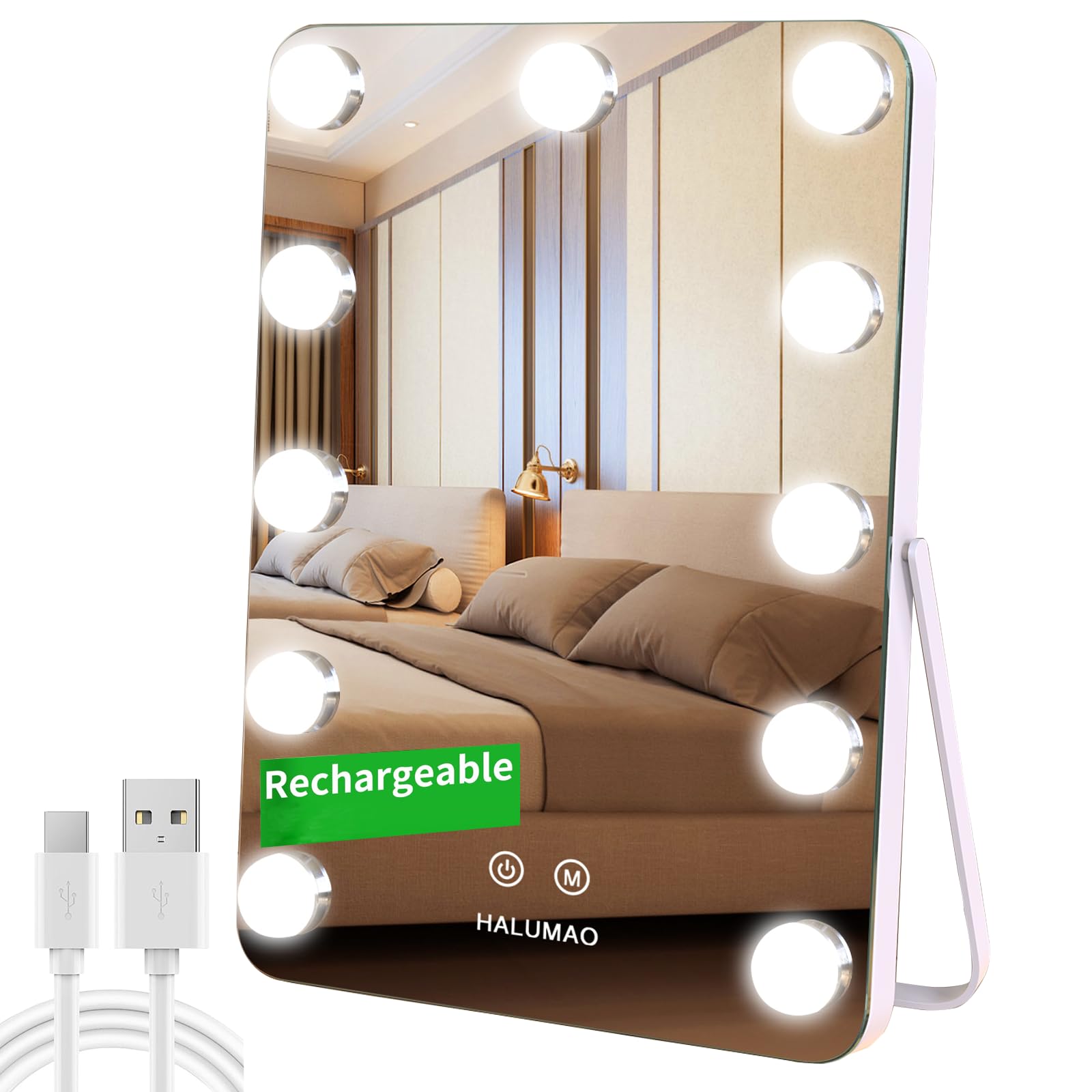 halumao Vanity Mirror with Lights, Rechargeable Makeup Mirror, 14.6" Lighted Makeup Mirror for Dressing Room & Bedroom，Memory Function Image