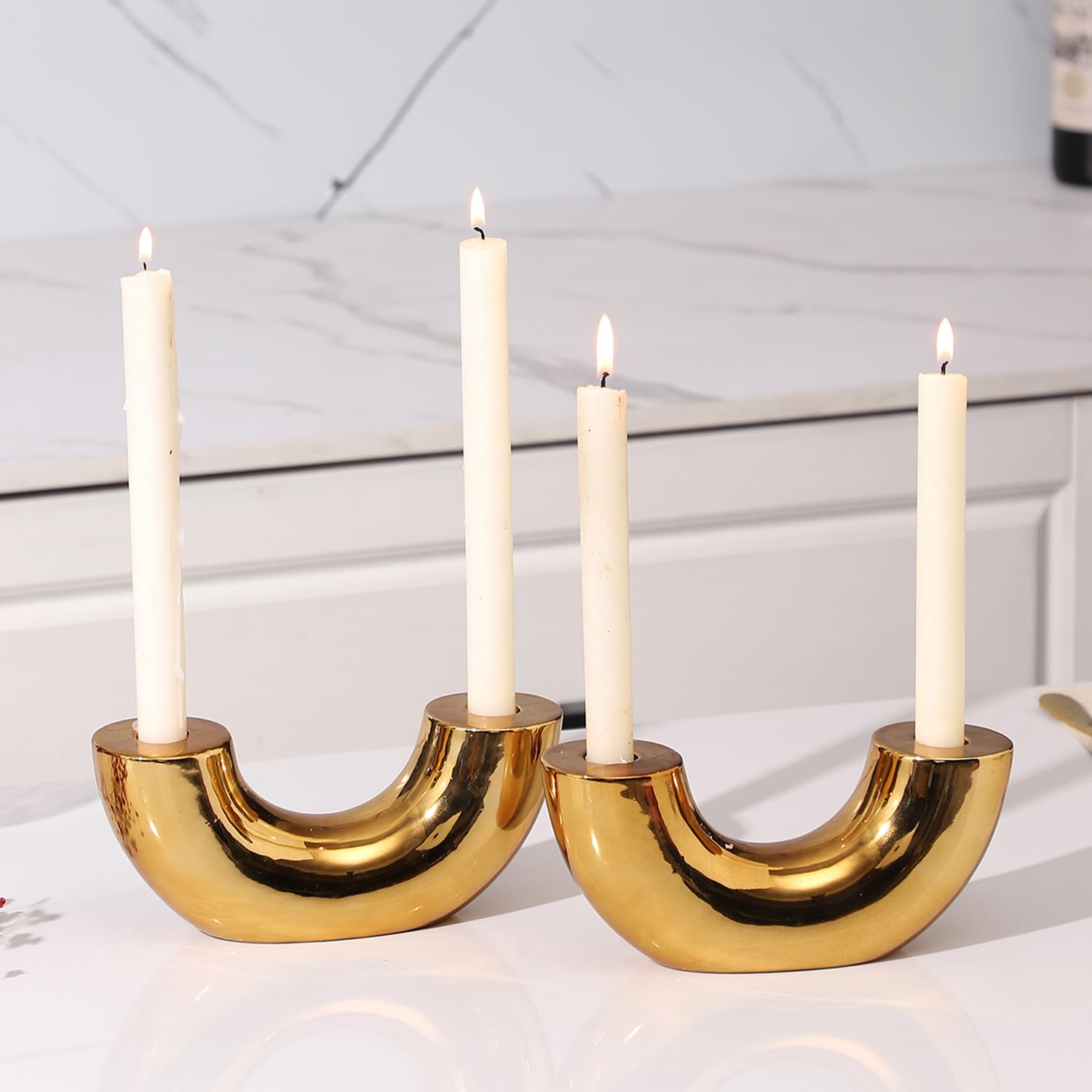 MARTAGE Ceramic Boho Candle Holders Set of 2, Farmhouse Gold Taper ...