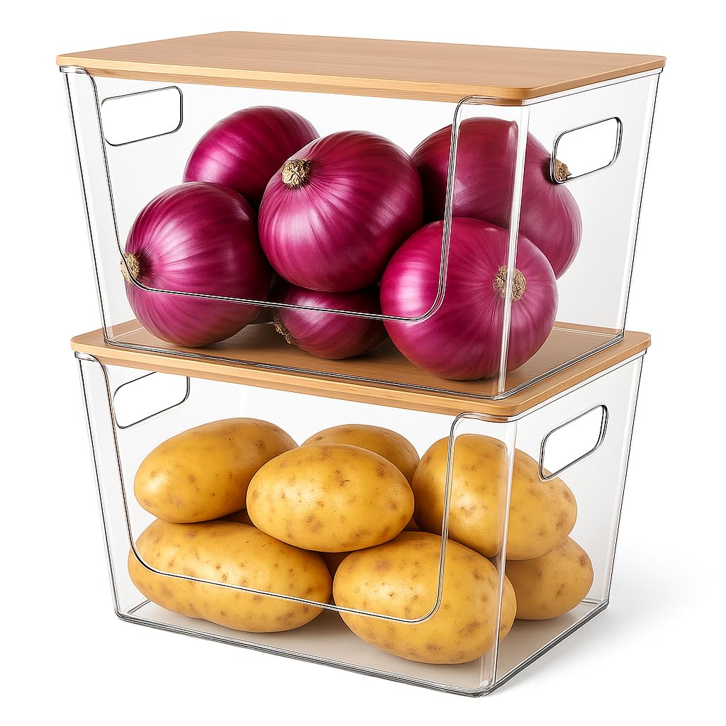 Photo 1 of CiWiVOKi 2 Set Pantry Organizers and Storage - Kitchen Organizer with Bamboo Lid for Fruit, Onion, Potato, Vegetable - Clear Stackable Bins for Kitchen Cabinet, Refrigerator, Home Organization