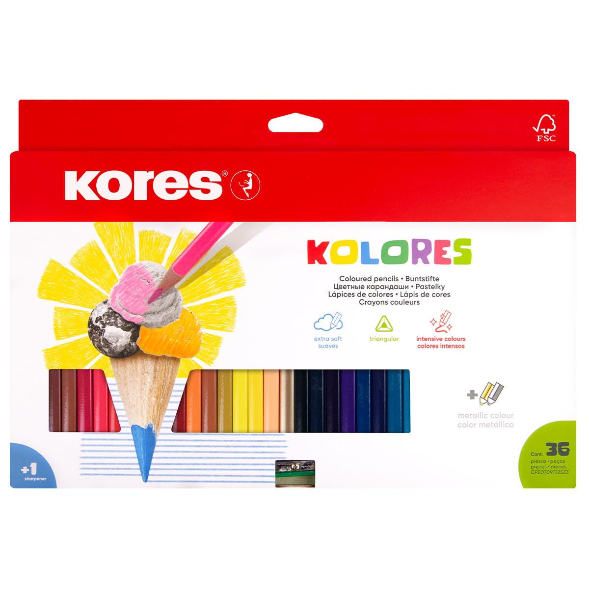Kores - Kolores, 36 Triangular Shape Colouring Pencils - Coloured Pencils with Soft Lead, Triangular Shape, FSC Wood - Back to School Supplies - Set of 36 Assorted in Carton Case with Sharpener