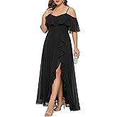 Talisea Plus Size Formal Dresses - Off Shoulder Chiffon High Slit Ruffle Wedding Guest Bridesmaid Prom Evening Dress
