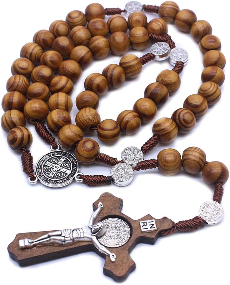 WAOving Fashion Handmade Round Bead Catholic Rosary Cross Religious Wood Beads Men Necklace Charm Gift