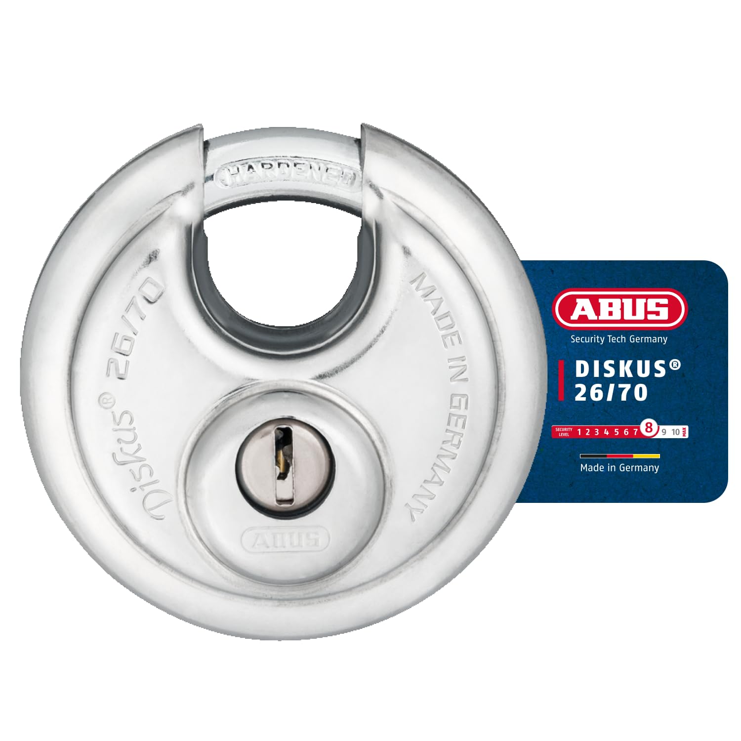 ABUS Diskus® Padlock 26/70 with 360° All-round Protection - Drilling and Pull-protected Cylinder - weather resistant and anti corrosion- for sheds, gates, garage, gym Security Level 8 - Silver