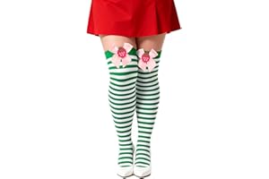 Voiiake Green and White Striped Socks for Strawberry Themed Costume Women, Nylon Over the Knee High Stockings with Pink Bow & Strawberry Accent for Cosplay, Halloween Costumes or Lolita Fashion