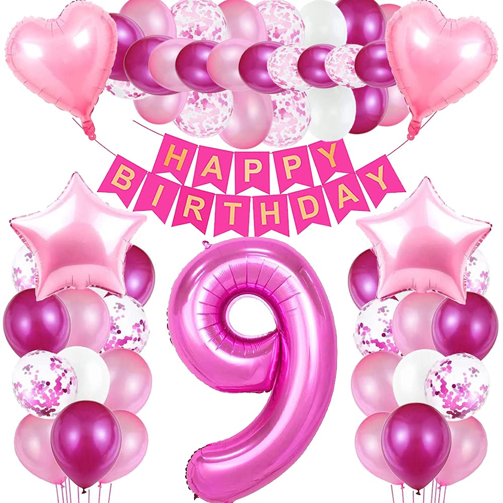 iWheat Balloon 9th Birthday Pink, Birthday Decoration 9 Year Girl, Giant Foil Balloon 9 Pink, Decoration 9 Birthday Girl, Balloon 9 Decoration for Birthday, Foil Numbers Balloons 9, Banner