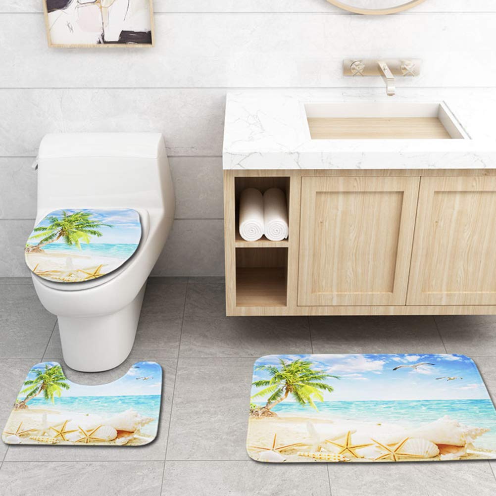 TOPBATHY Set of 3pcs Toilet Mat Set Printing Coconut Trees Pattern Antiskid Contour Mat Rug Carpet Toilet Seat Lid Cover Pad for Home Summer Beach Holiday Hotel Bath Decor : Beauty