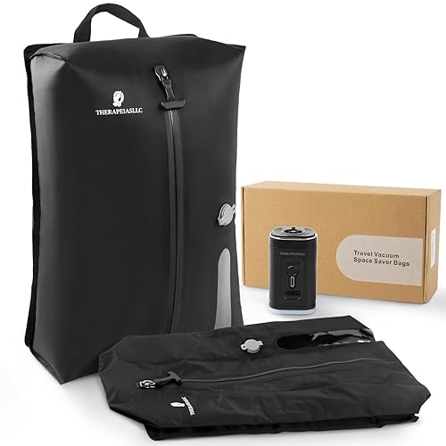 THERAPEIASLLC Vacuum Compression Bags for Travel with Usb Electric Pump, Reusable & Space Saver Vacuum Storage Bags with Waterproof Zipper for Duitcase and Backpack, Black (2Pack+Pump)