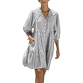 chouyatou Women's Summer V-Neck Casual Striped Midi Shirt Dress Tiered Boho Beach Tunic Babydoll Dress